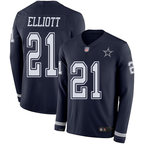 Men Dallas Cowboys Limited Navy Blue Ezekiel Elliott #21 Therma Long Sleeve NFL Jersey->nfl t-shirts->Sports Accessory
